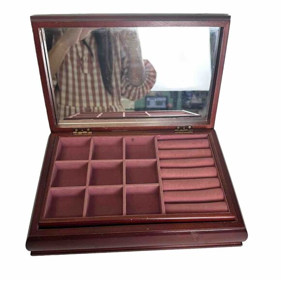 Vtg Wooden Jewelry Box Dark Floral Fabric Top Pink Felt Interior‎ Mirror In Lid - Picture 4 of 11